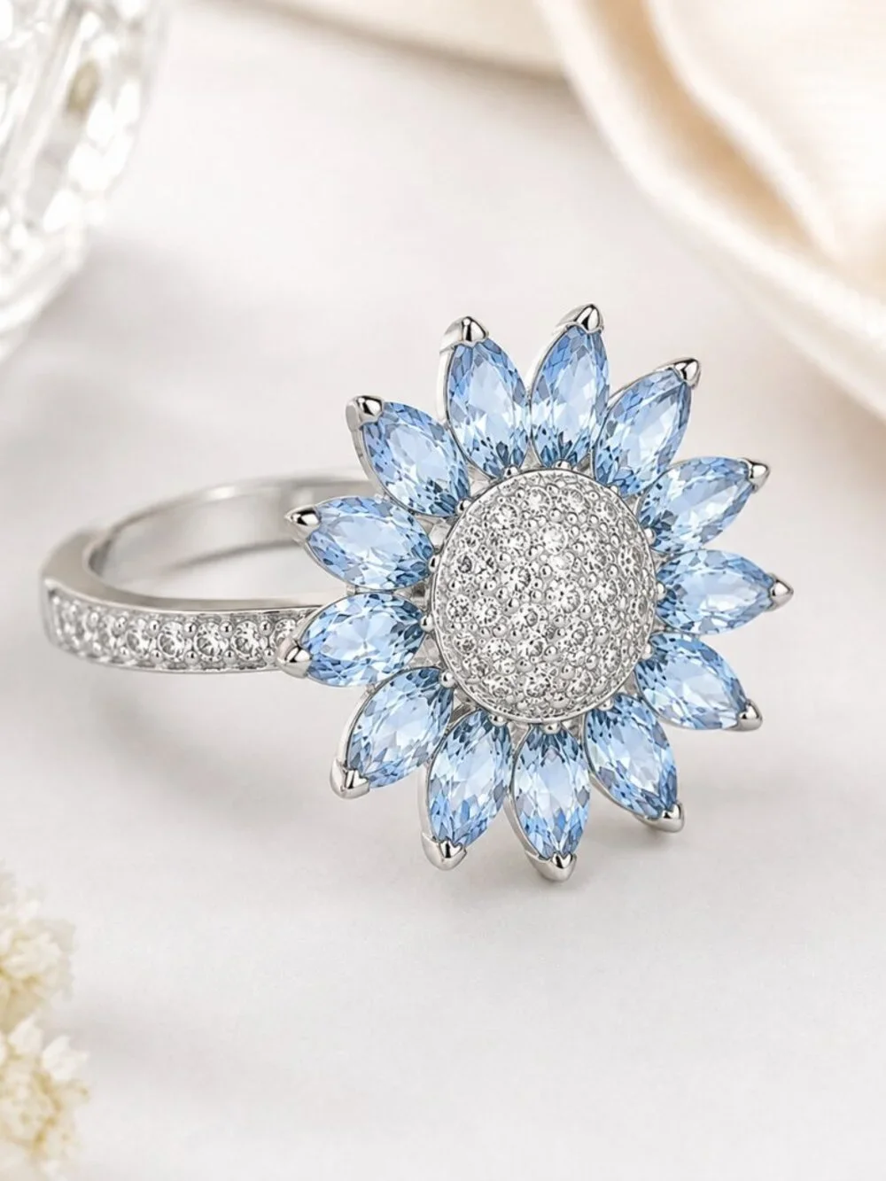 Sunflower Statement Ring Blue CZ Crystal Petals Silver Tone Size 10 NWT